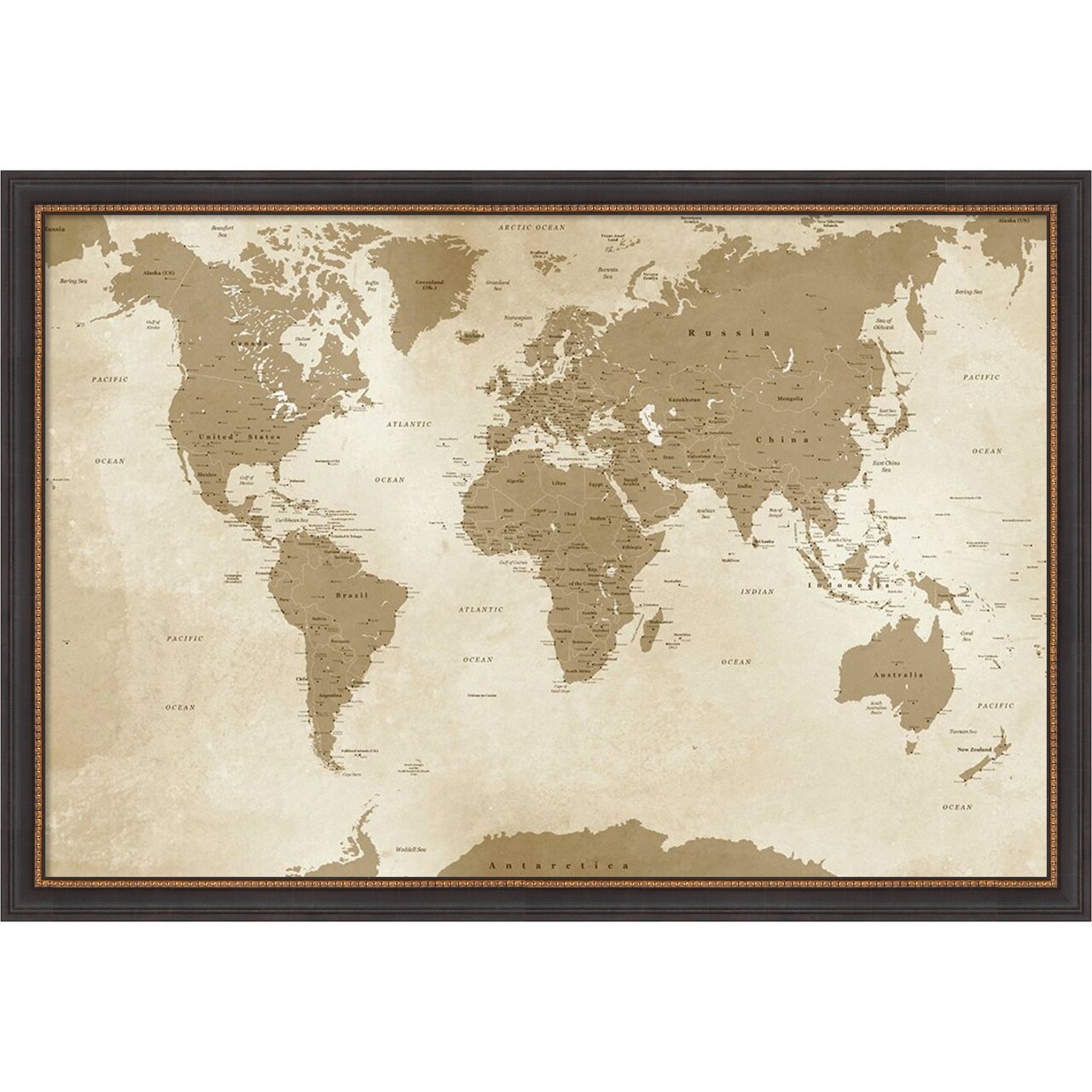 Amanti Art Framed Fabric Pinboard Antique Style World Map Printed Bulletin Board for Use as a Vision Board or Wall Organization